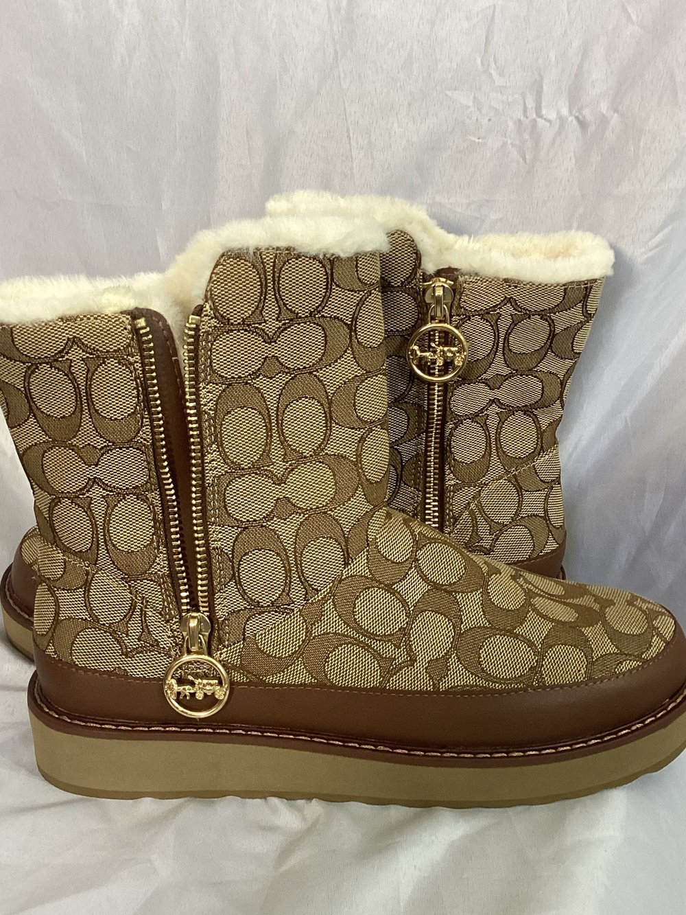 Coach Beige Signature Logo Shearling-Lined Women's Boot
